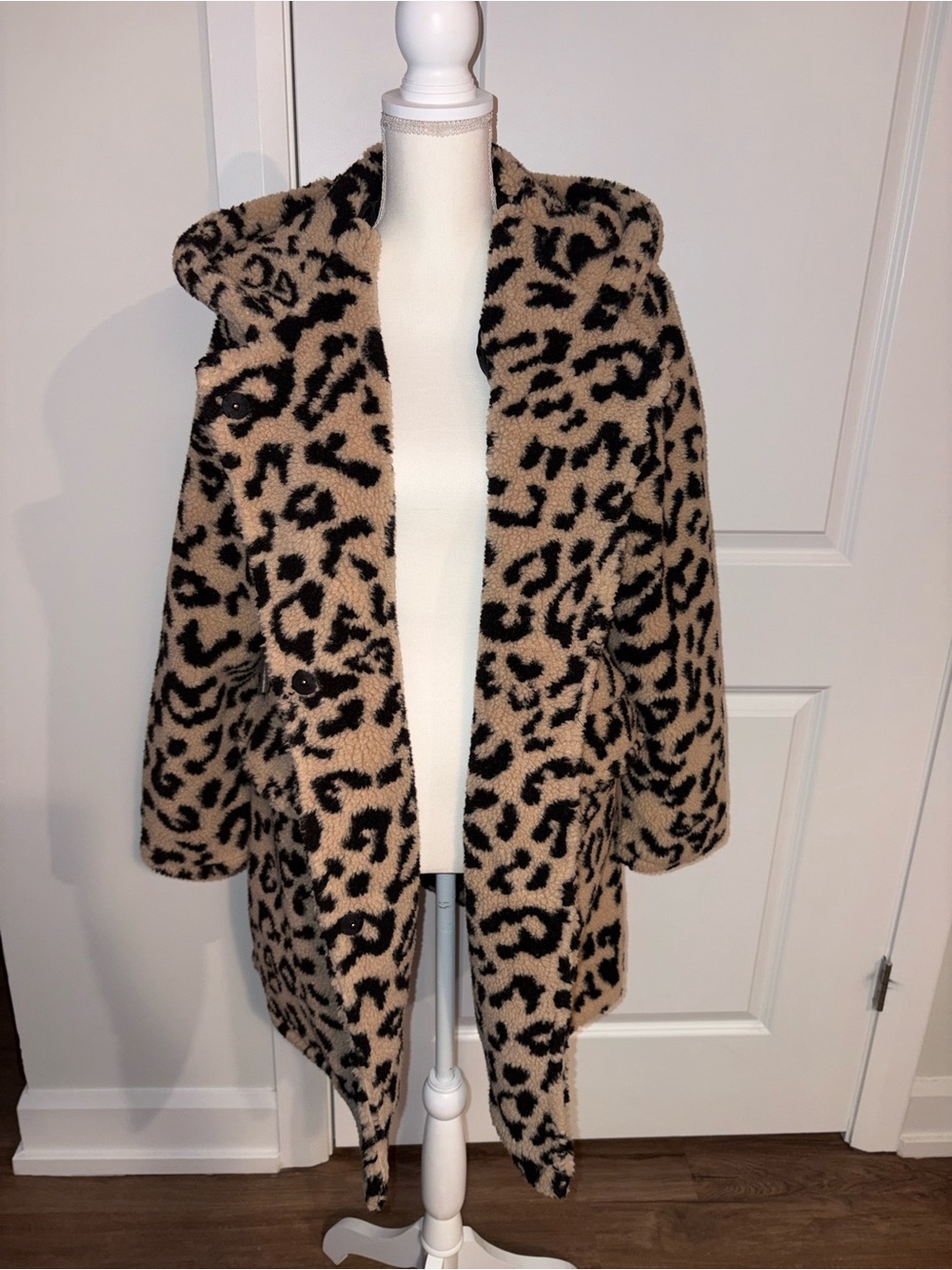 Leopard Print Teddy Coat with Hood - Beige & Black